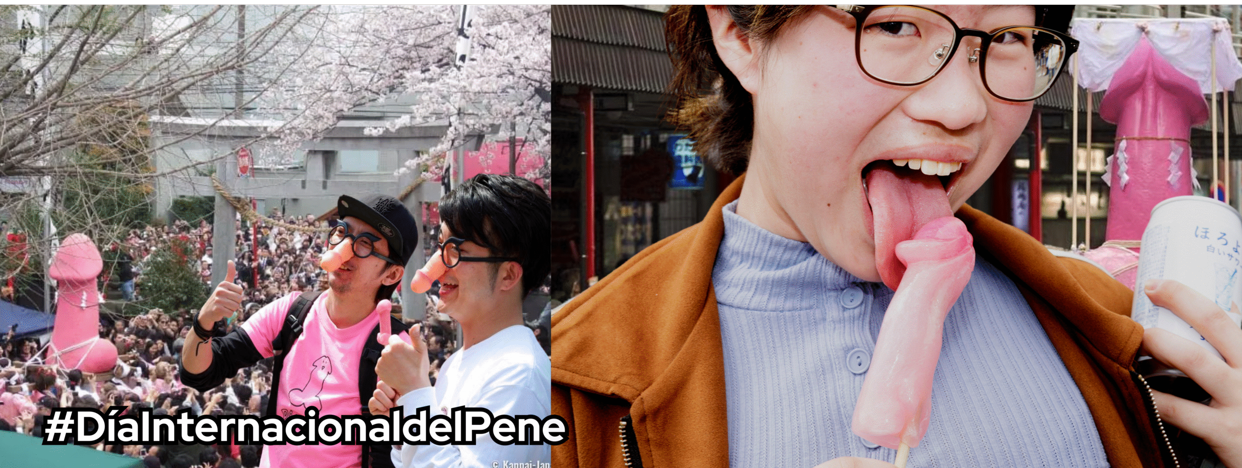Festival_del_pene Dos hombres jóvenes con penes de plástico en la nariz y una mujer comiéndose un caramelo con forma de pene.