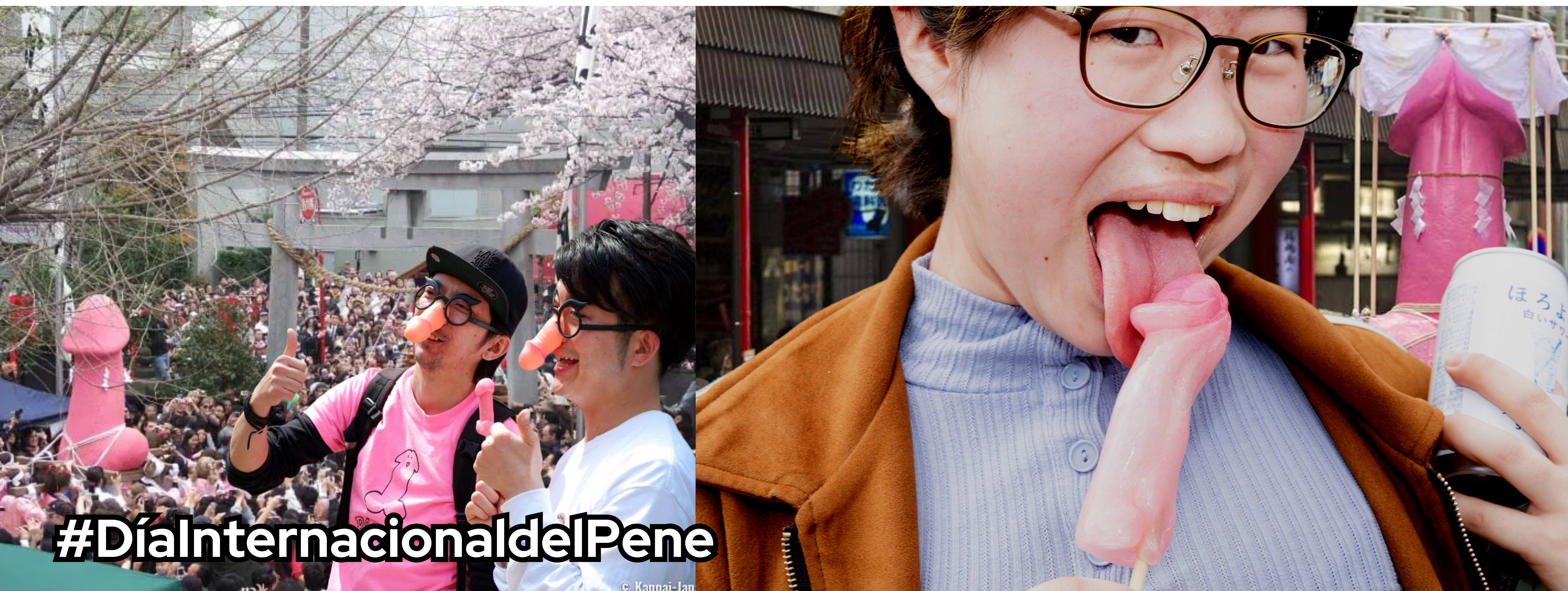 Dos hombres jóvenes con penes de plástico en la nariz y una mujer comiéndose un caramelo con forma de pene.