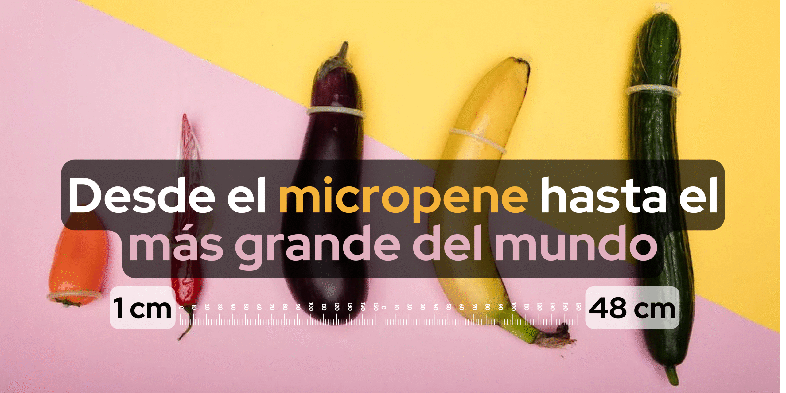 Tamaño_pene Diferentes verduras con condón y un texto al frente dice “desde el micropene hasta el más grande del mundo”