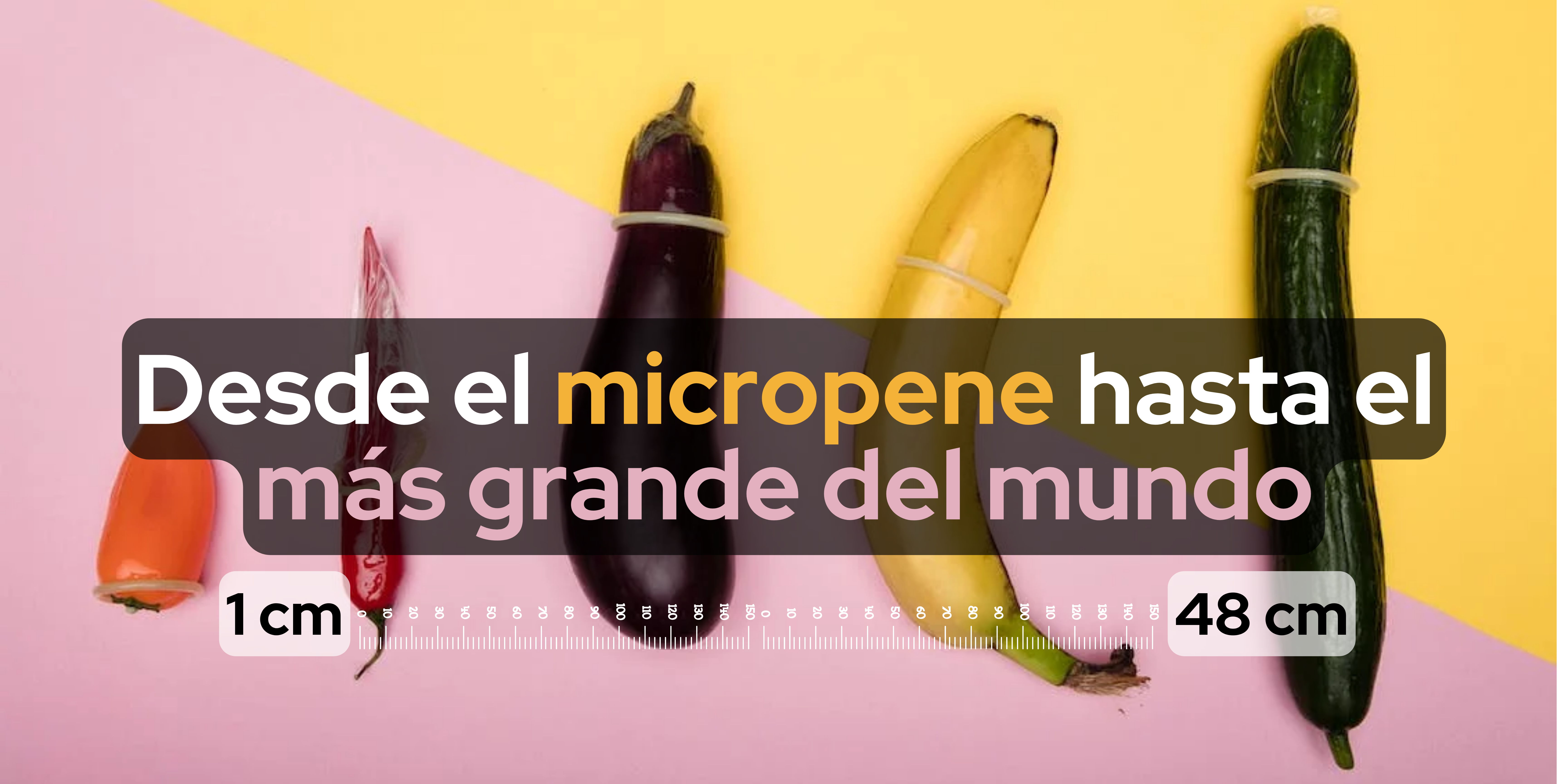 Diferentes verduras con condón y un texto al frente dice “desde el micropene hasta el más grande del mundo”