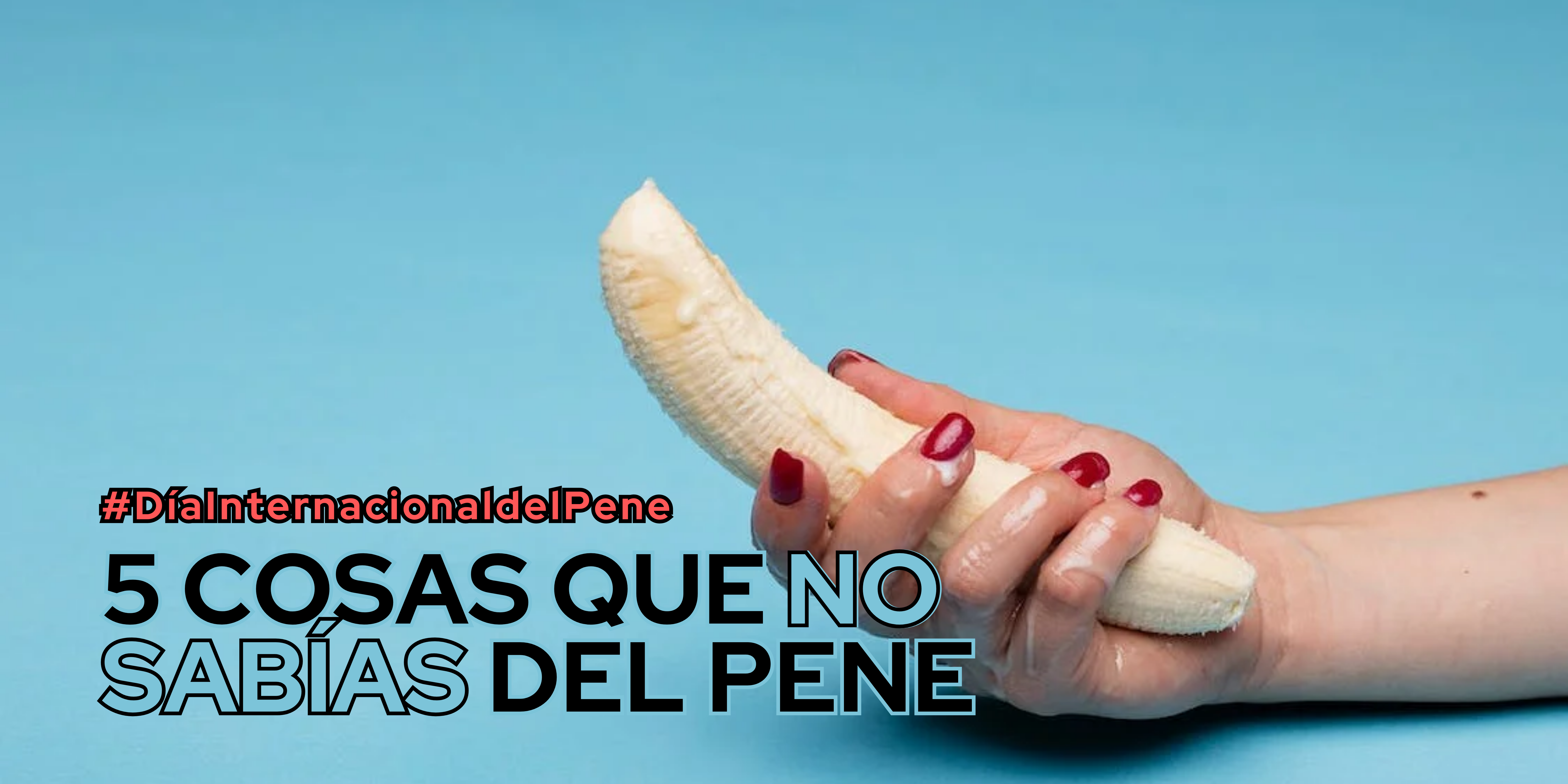 Mano sosteniendo un banano cubierto de un líquido blanco que hace referencia al pene con un título sobre la imagen.